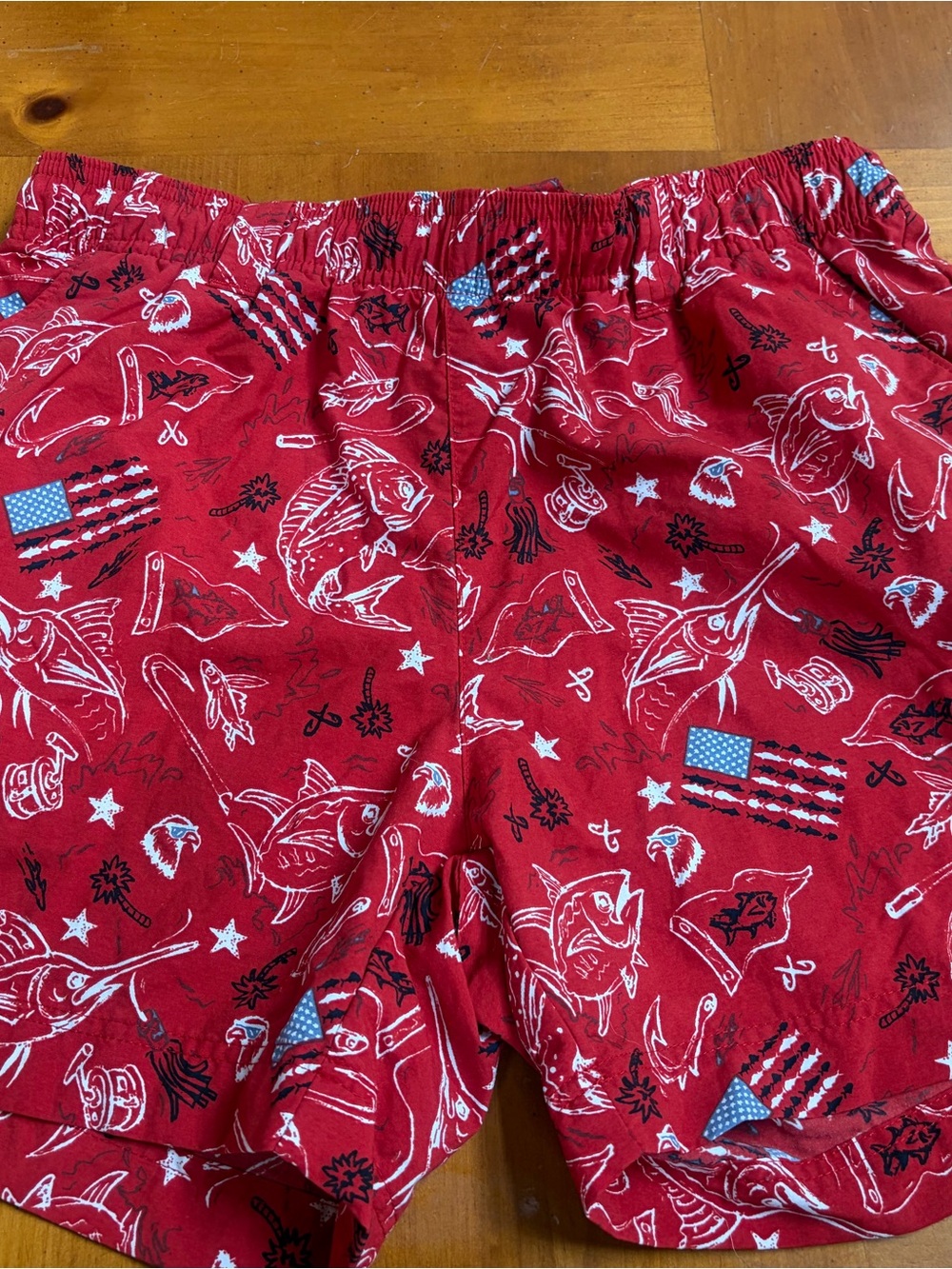 Women’s Red Printed Pull-On Shorts with Fishing & Flag Design